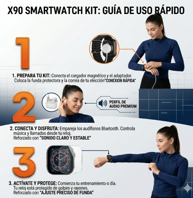 Kit Smartwatch Todo en Uno con Audífonos Bluetooth y Accesorios